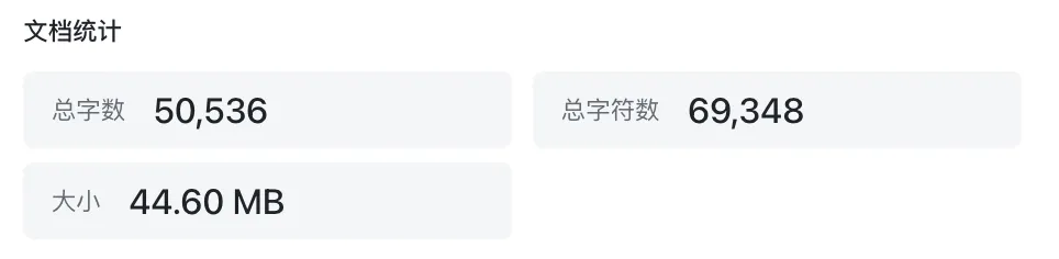 文档统计：总字数50,536，总字符数69,348，大小44.60 MB